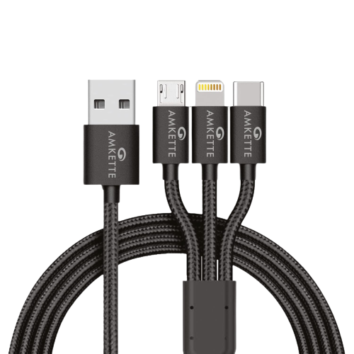 Amkette ChargePro 3A 3-in-1 Braided Multifunction USB Cable 1m