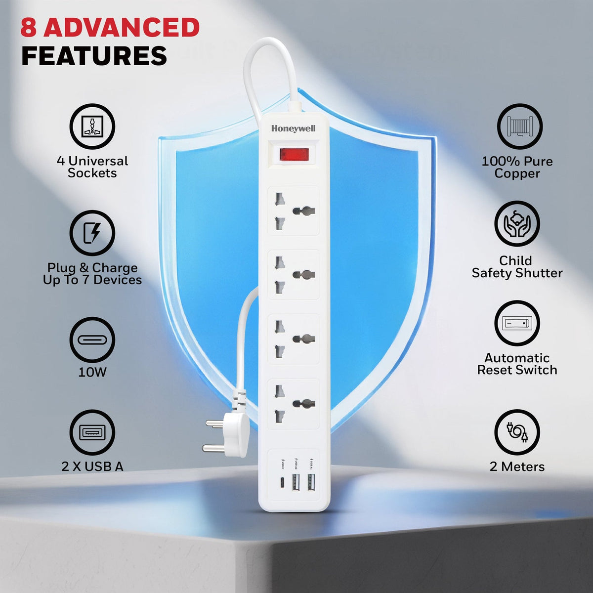 Honeywell Value 4-Outlet Extension Board with 1 Type-C & 2 USB