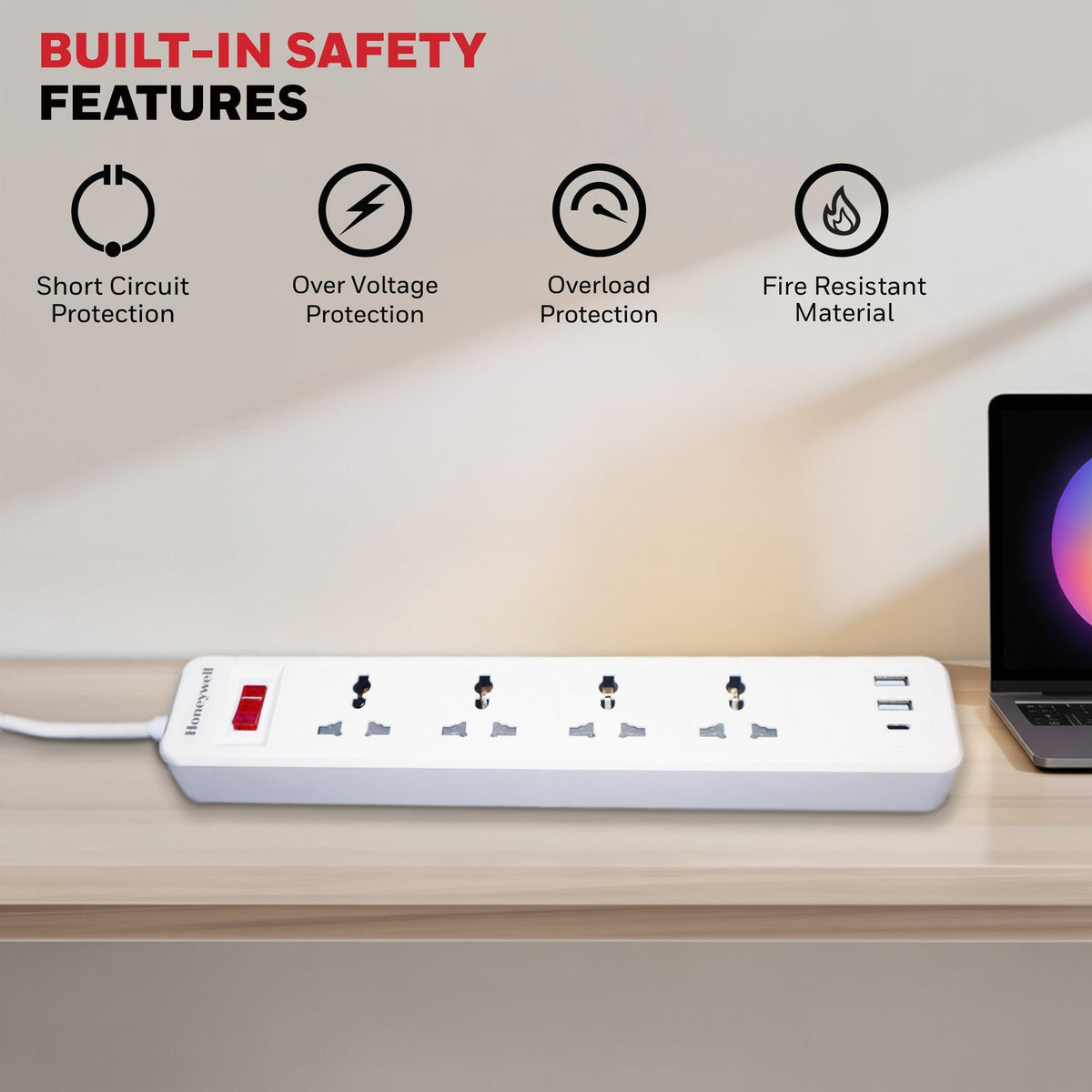 Honeywell Value 4-Outlet Extension Board with 1 Type-C & 2 USB