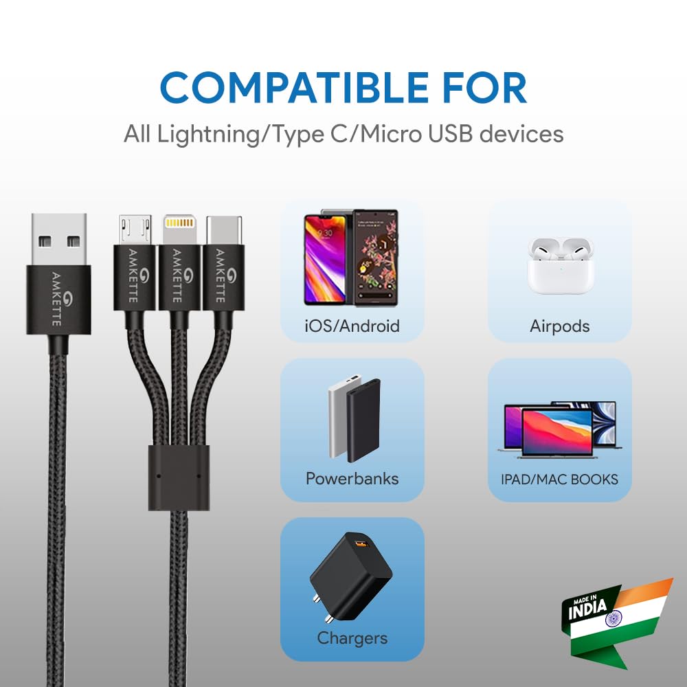Amkette ChargePro 3A 3-in-1 Braided Multifunction USB Cable 1m