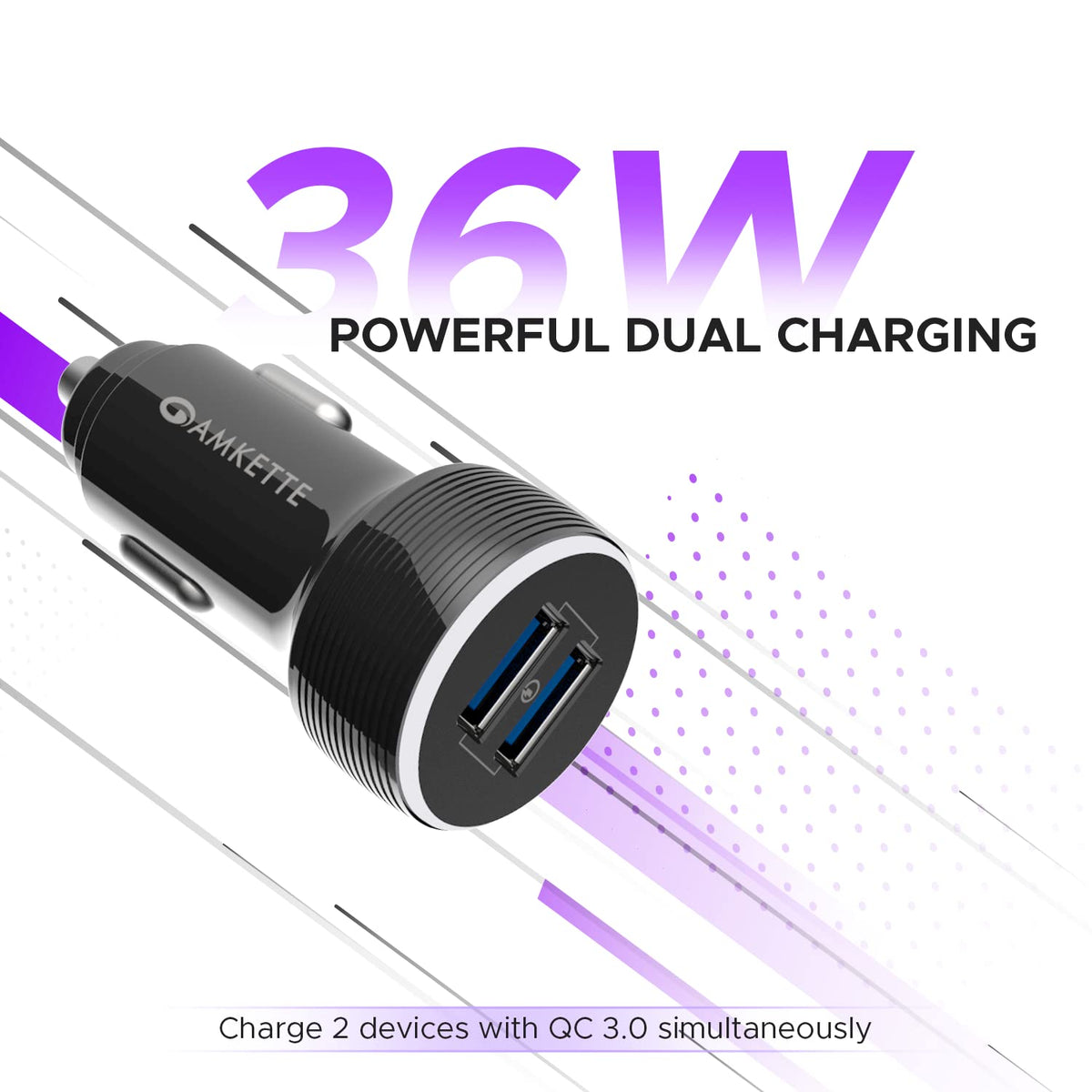 Amkette PowerPro 36W 2-Port QC Car Charger with Cable