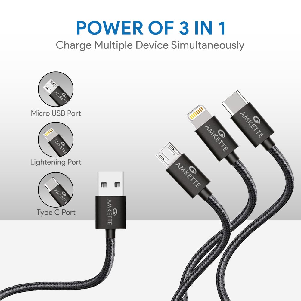 Amkette ChargePro 3A 3-in-1 Braided Multifunction USB Cable 1m