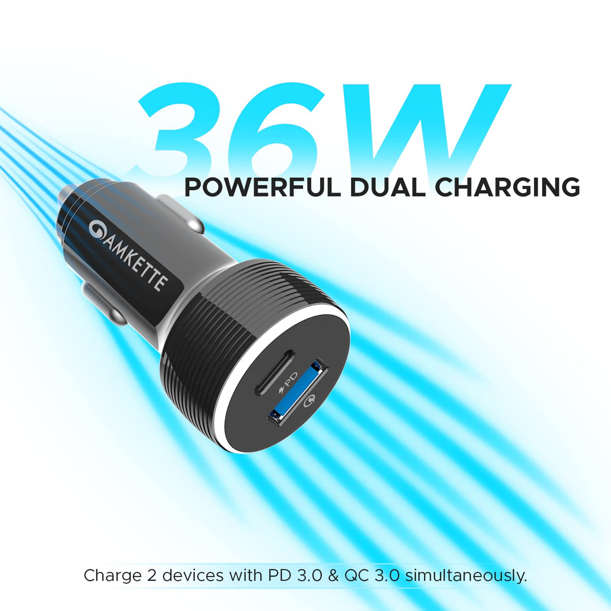 Amkette Power Pro 2 Port 36W PD Car Charger with iPhone Cable