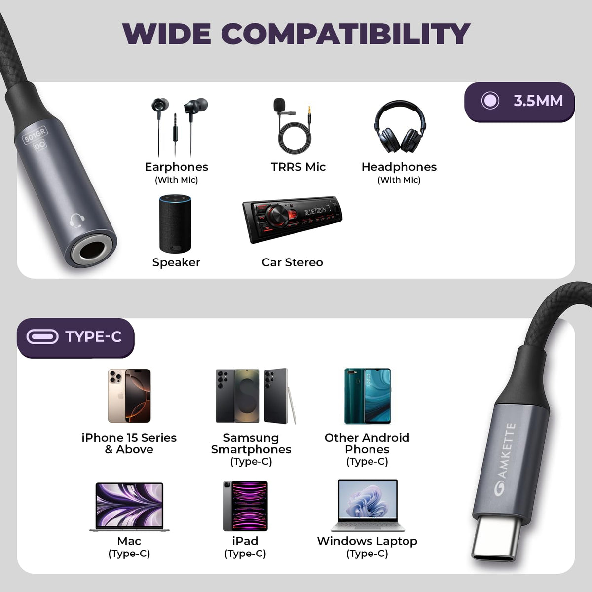 Amkette Type C to 3.5mm Audio Jack Connector