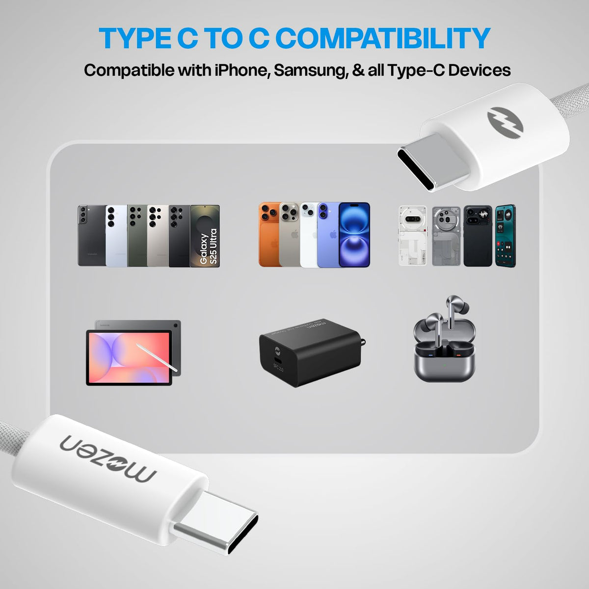 Amkette Mozen Flow Lite 60W 3A USB-C to USB-C Cable