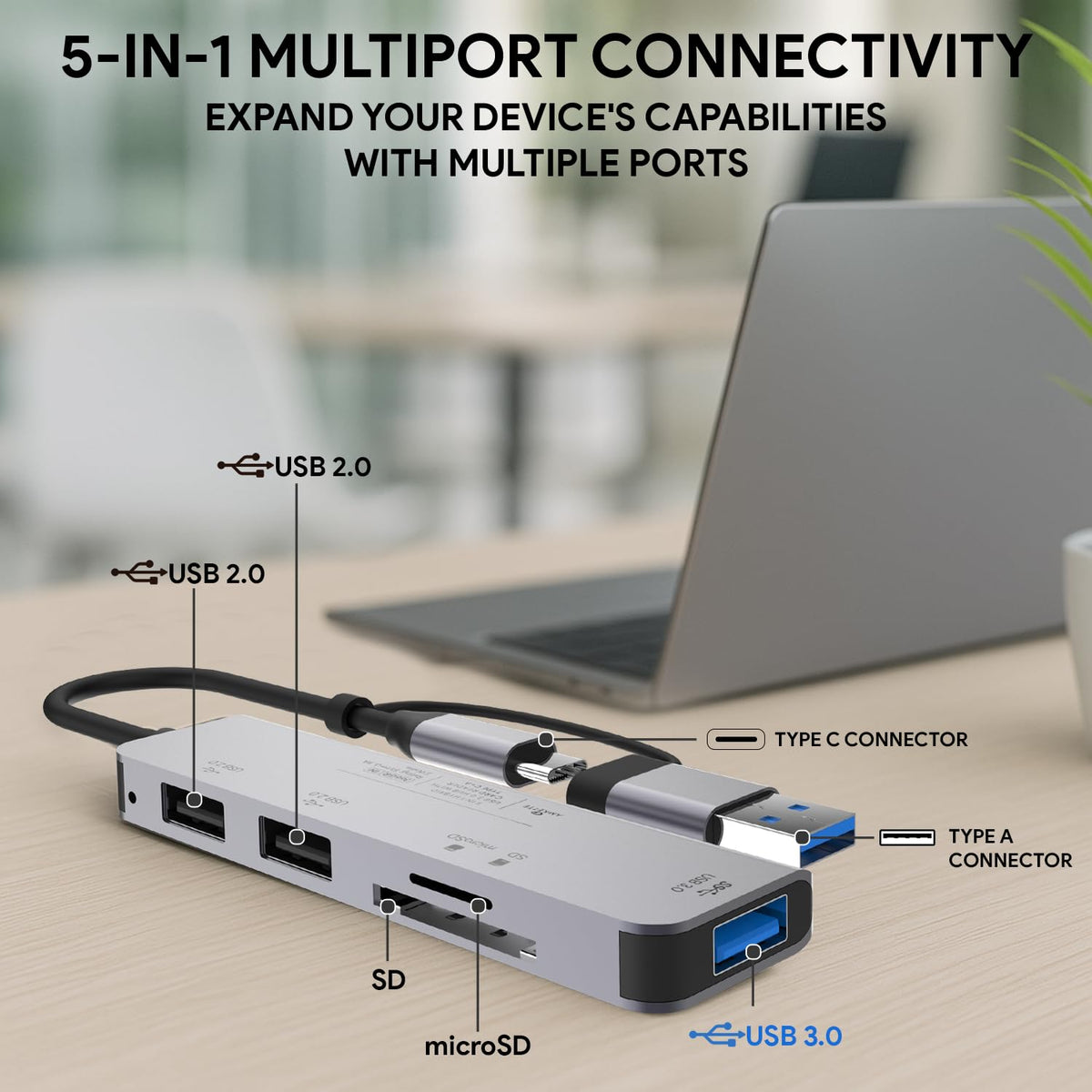 Amkette 5-in-1 USB 3.0 Hub with USB-A+C and Card Reader