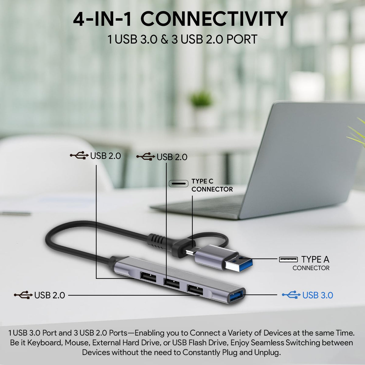 Amkette 4 Port Hybrid USB 3.0 Hub Type C+A