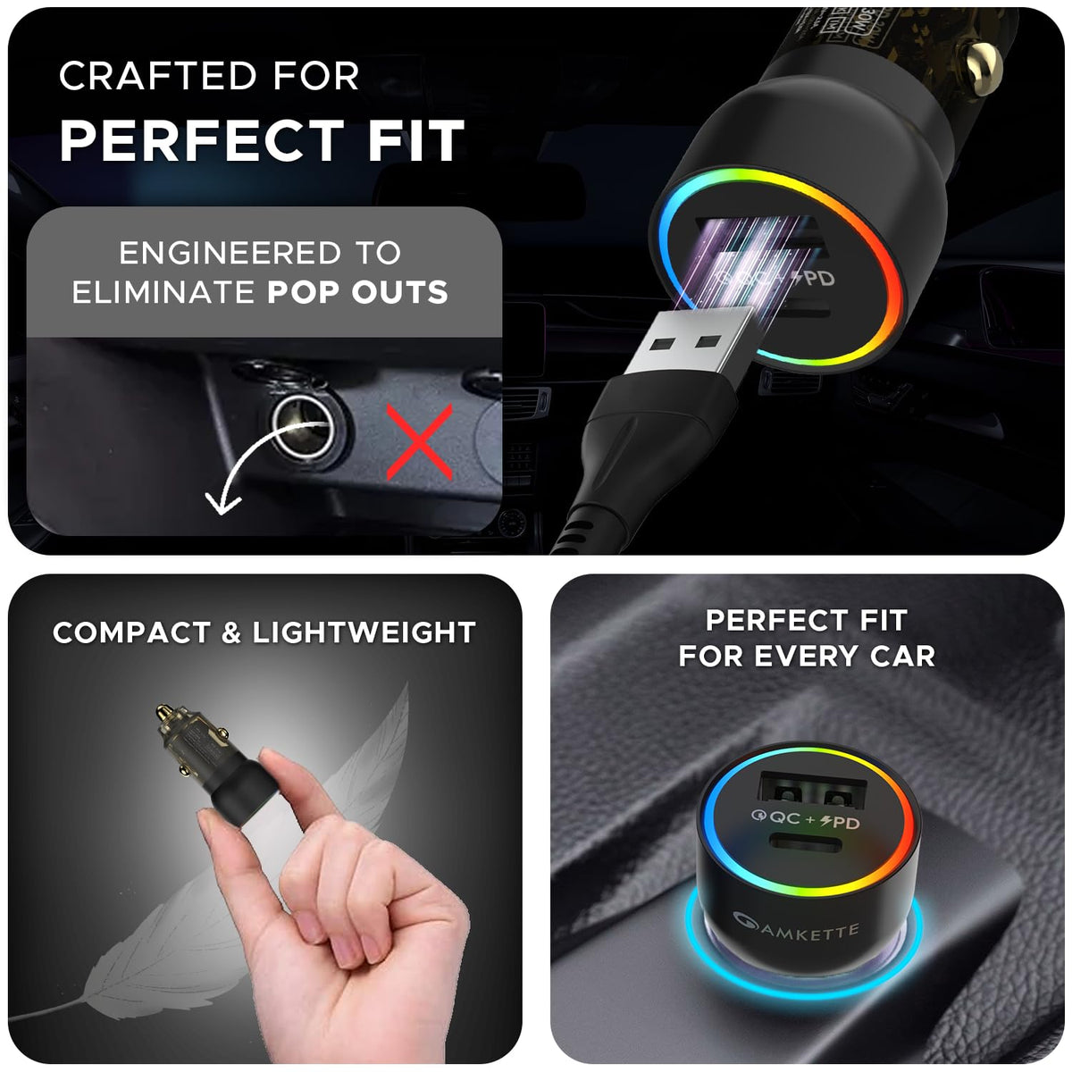 Amkette PowerPro 60W QC + PD Car Charger with Type C Cable
