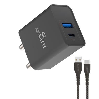 Amkette ChargePro 20W QC+PD Dual Port Wall Charger + Cable