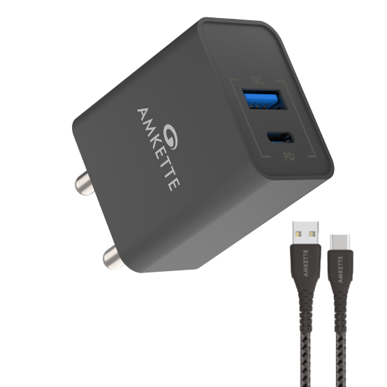 Amkette ChargePro 20W QC+PD Dual Port Wall Charger + Cable