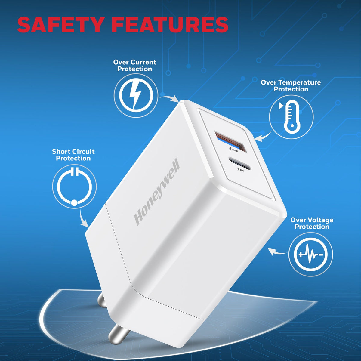 Honeywell Zest 65W GaN Charger – USB-A + Type-C (Platinum Series)