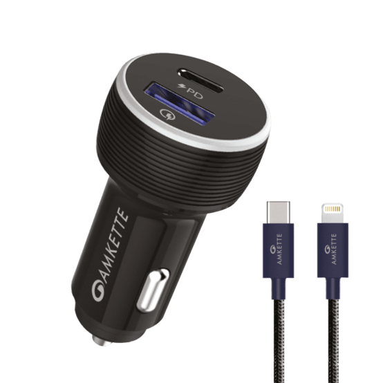 Amkette Power Pro 2 Port 36W PD Car Charger with iPhone Cable