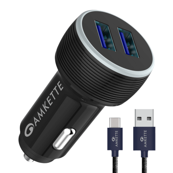 Amkette PowerPro Dual Port 6A QC Car Charger with Type C Cable