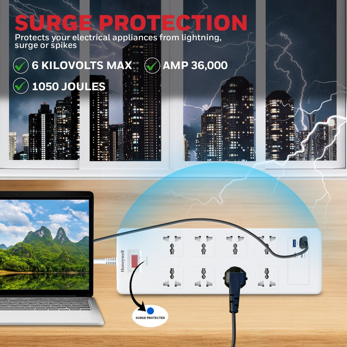 Honeywell Platinum 8-Outlet Surge Protector with 2 Type-C PD 25W & 2 USB