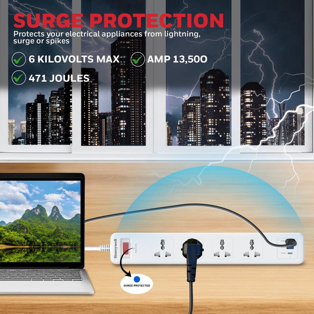 Honeywell Platinum 4-Outlet Surge Protector with Type-C PD 20W & 2 USB
