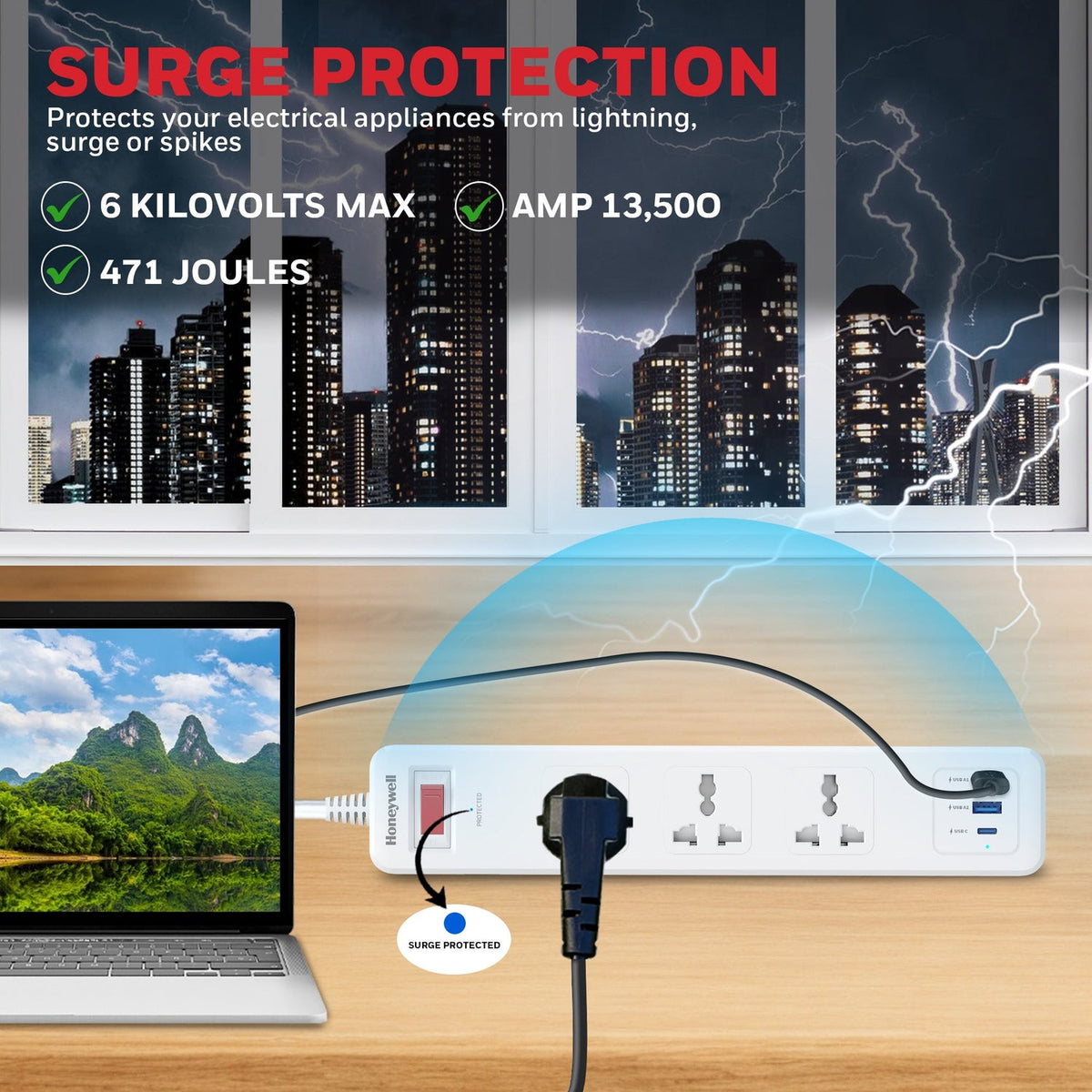 Honeywell Platinum 3-Outlet Surge Protector with Type-C PD 20W & 2 USB