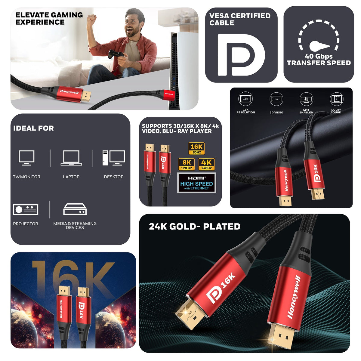 Honeywell DisplayPort to DisplayPort 2.1 Cable (Platinum Series)