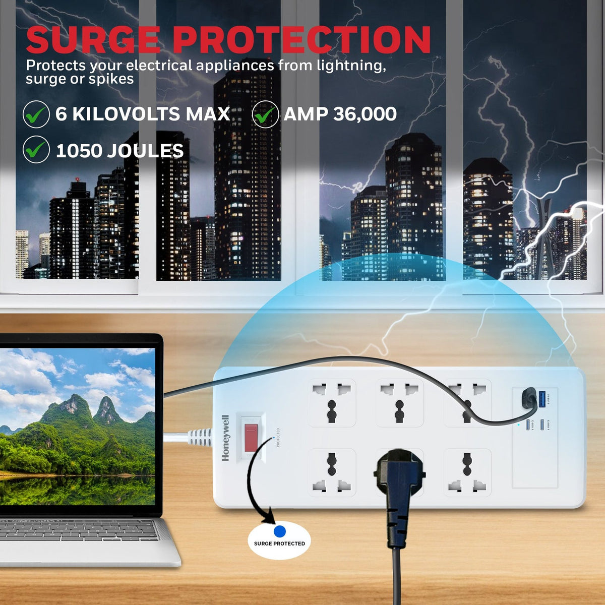 Honeywell Platinum 6-Outlet Surge Protector with 2 Type-C PD 25W & 2 USB