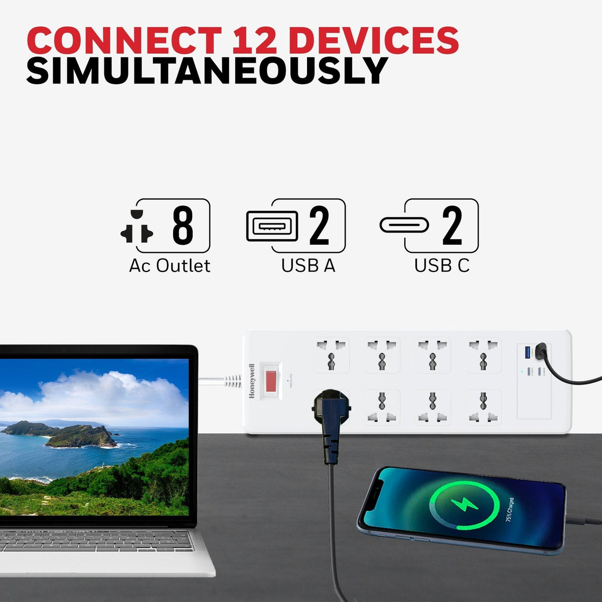 Honeywell Platinum 8-Outlet Surge Protector with 2 Type-C PD 25W & 2 USB