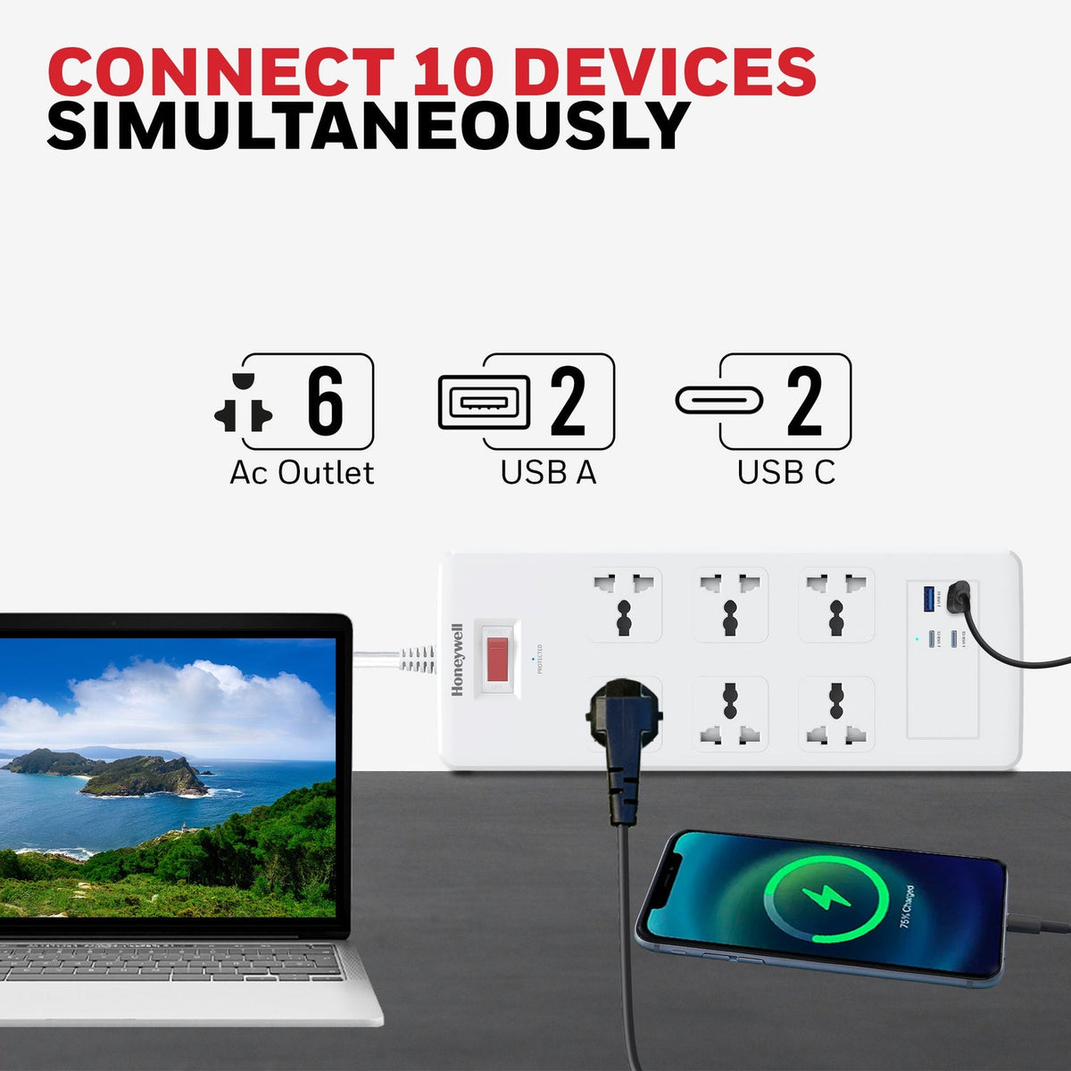 Honeywell Platinum 6-Outlet Surge Protector with 2 Type-C PD 25W & 2 USB