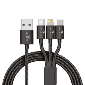 Amkette ChargePro 3A 3-in-1 Braided Multifunction USB Cable 1m