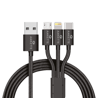 Amkette ChargePro 3A 3-in-1 Braided Multifunction USB Cable 1m