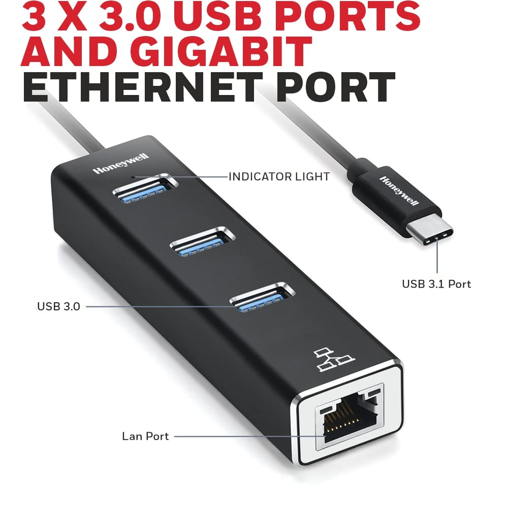 Honeywell Type-C to 3× USB 3.0 + Gigabit Ethernet Adapter (Platinum Series)