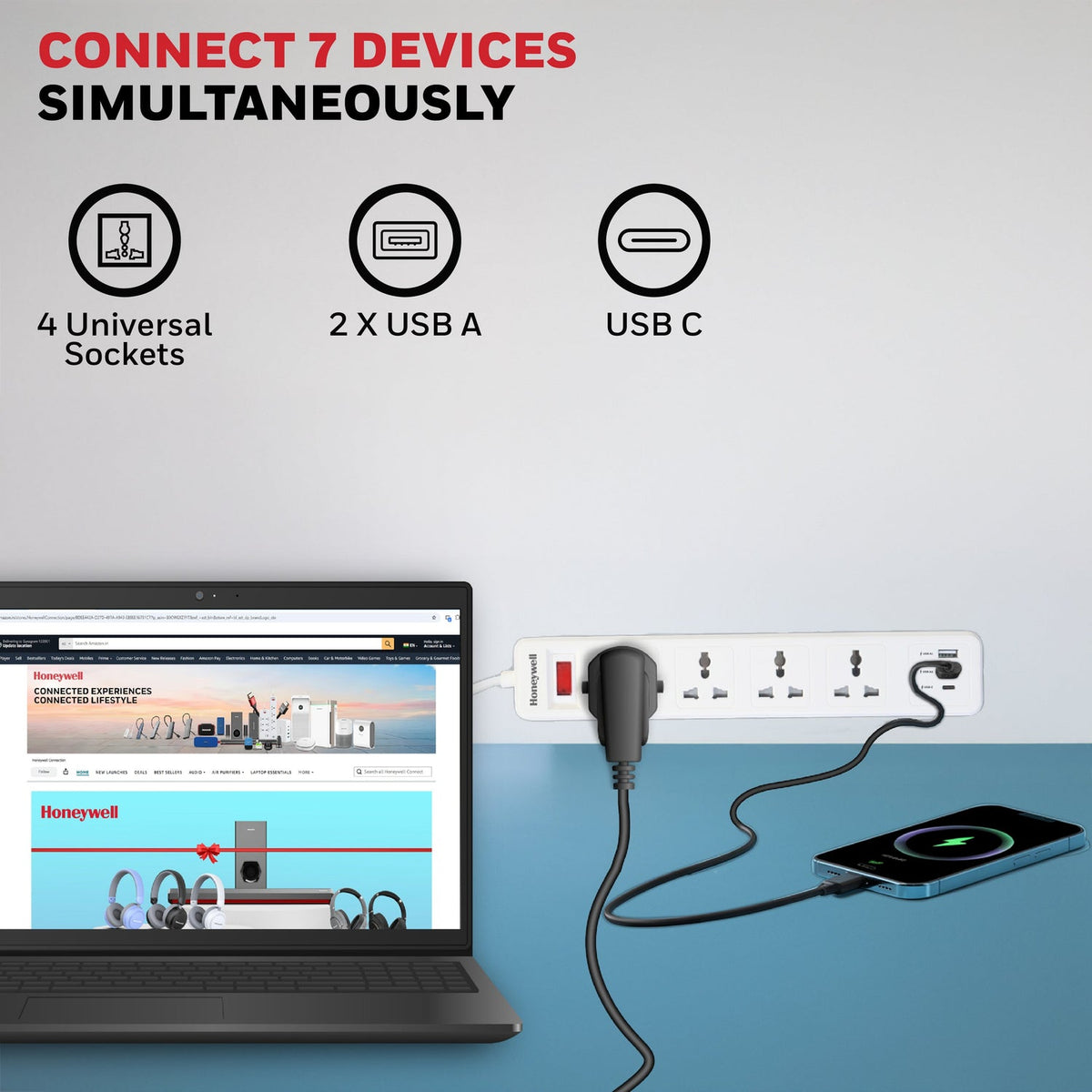 Honeywell Value 4-Outlet Extension Board with 1 Type-C & 2 USB