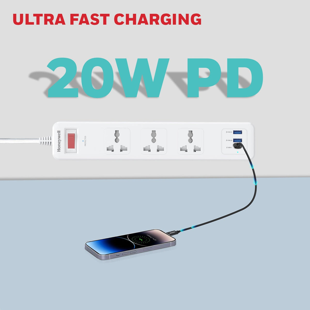 Honeywell Platinum 3-Outlet Surge Protector with Type-C PD 20W & 2 USB