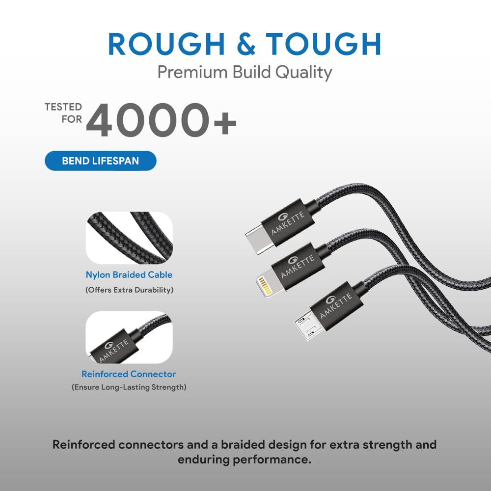 Amkette ChargePro 3A 3-in-1 Braided Multifunction USB Cable 1m