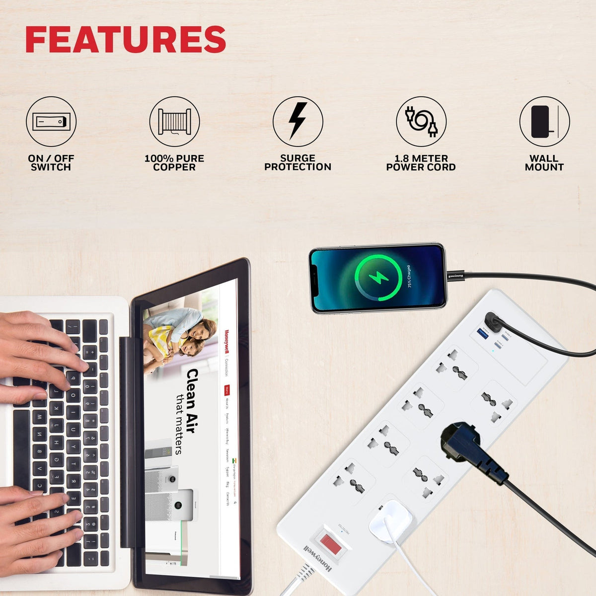 Honeywell Platinum 8-Outlet Surge Protector with 2 Type-C PD 25W & 2 USB