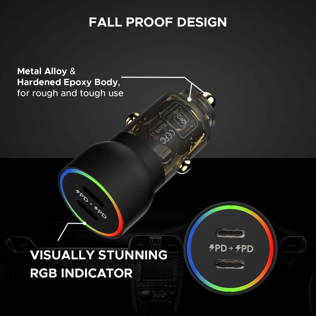 Amkette PowerPro 60W PD+PD Car Charger with Type-C Cable