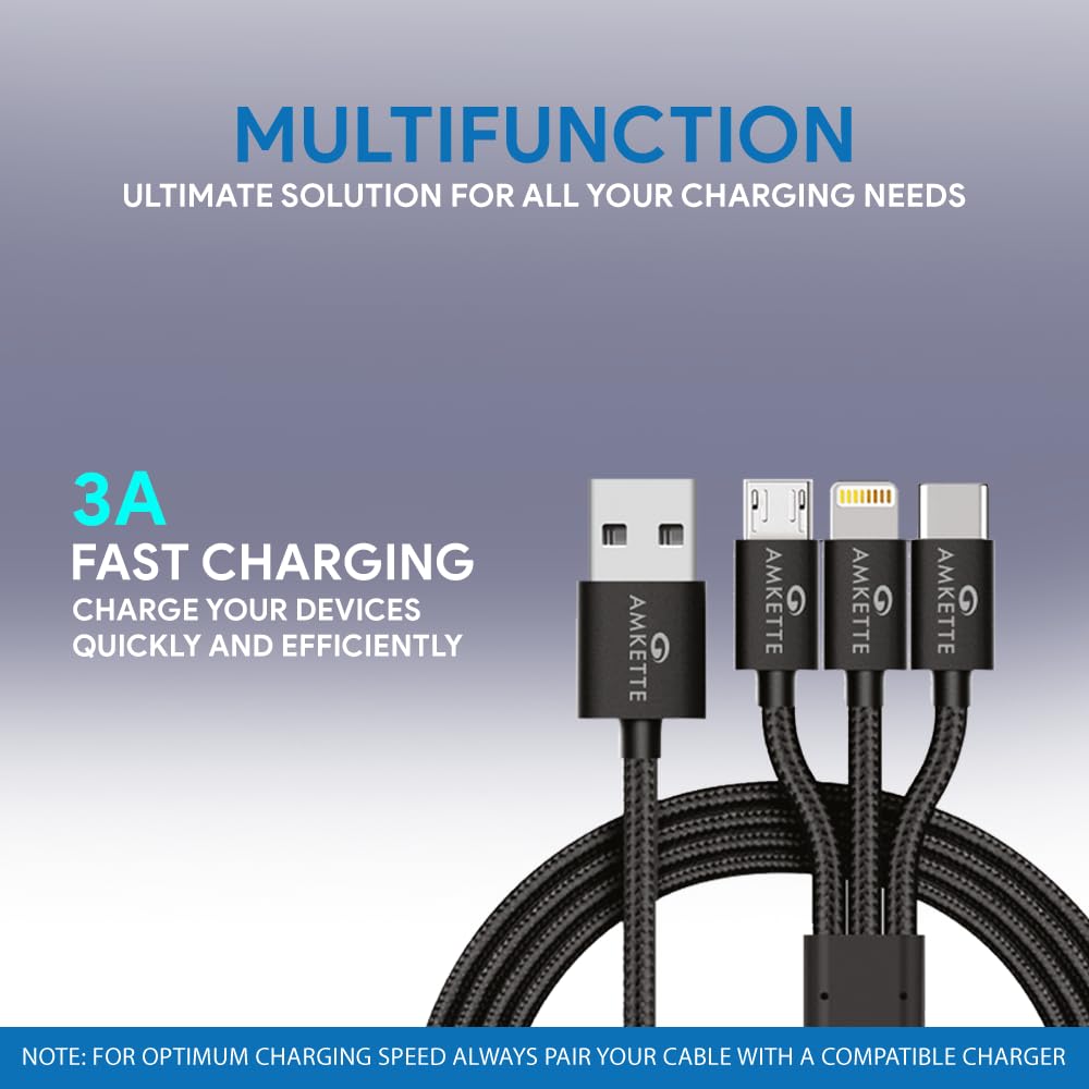 Amkette ChargePro 3A 3-in-1 Braided Multifunction USB Cable 1m