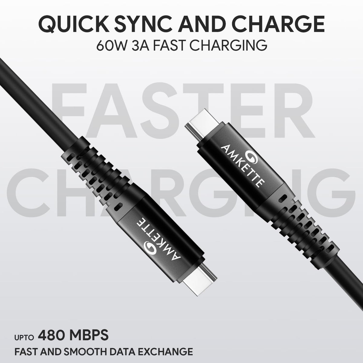 Amkette PowerPro USB-C to USB-C 3A Charge & Sync Cable 1m
