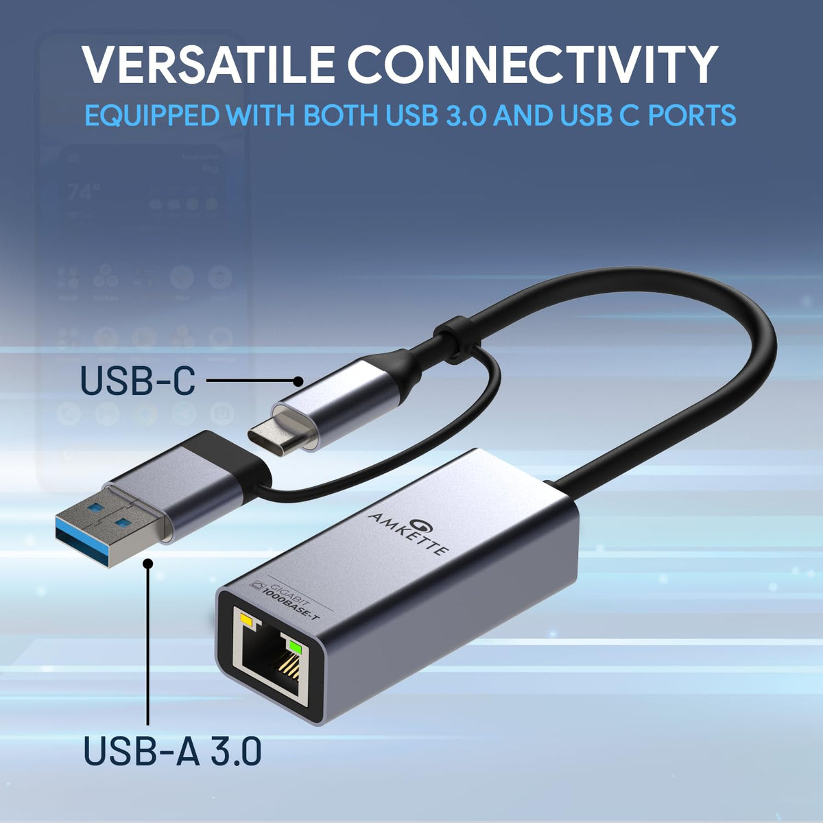 Amkette USB 3.0 + Type-C to RJ45 Gigabit Ethernet Adapter