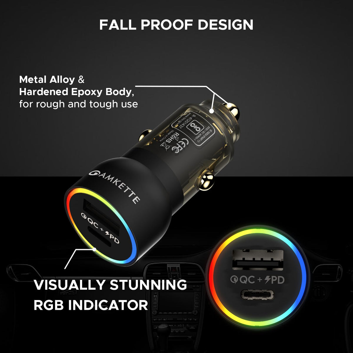 Amkette PowerPro 60W QC + PD Car Charger with Type C Cable