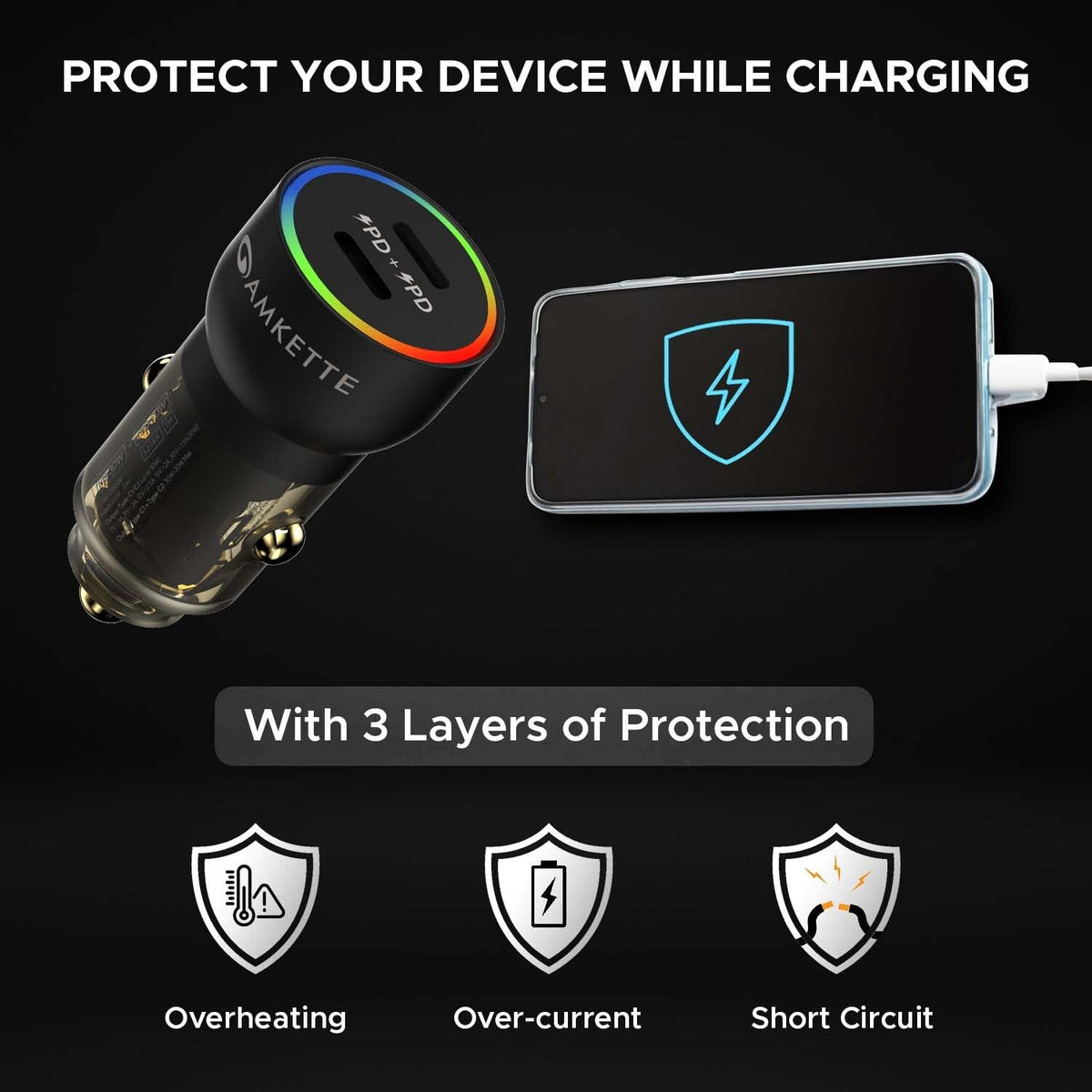 Amkette PowerPro 60W PD+PD Car Charger with Type-C Cable