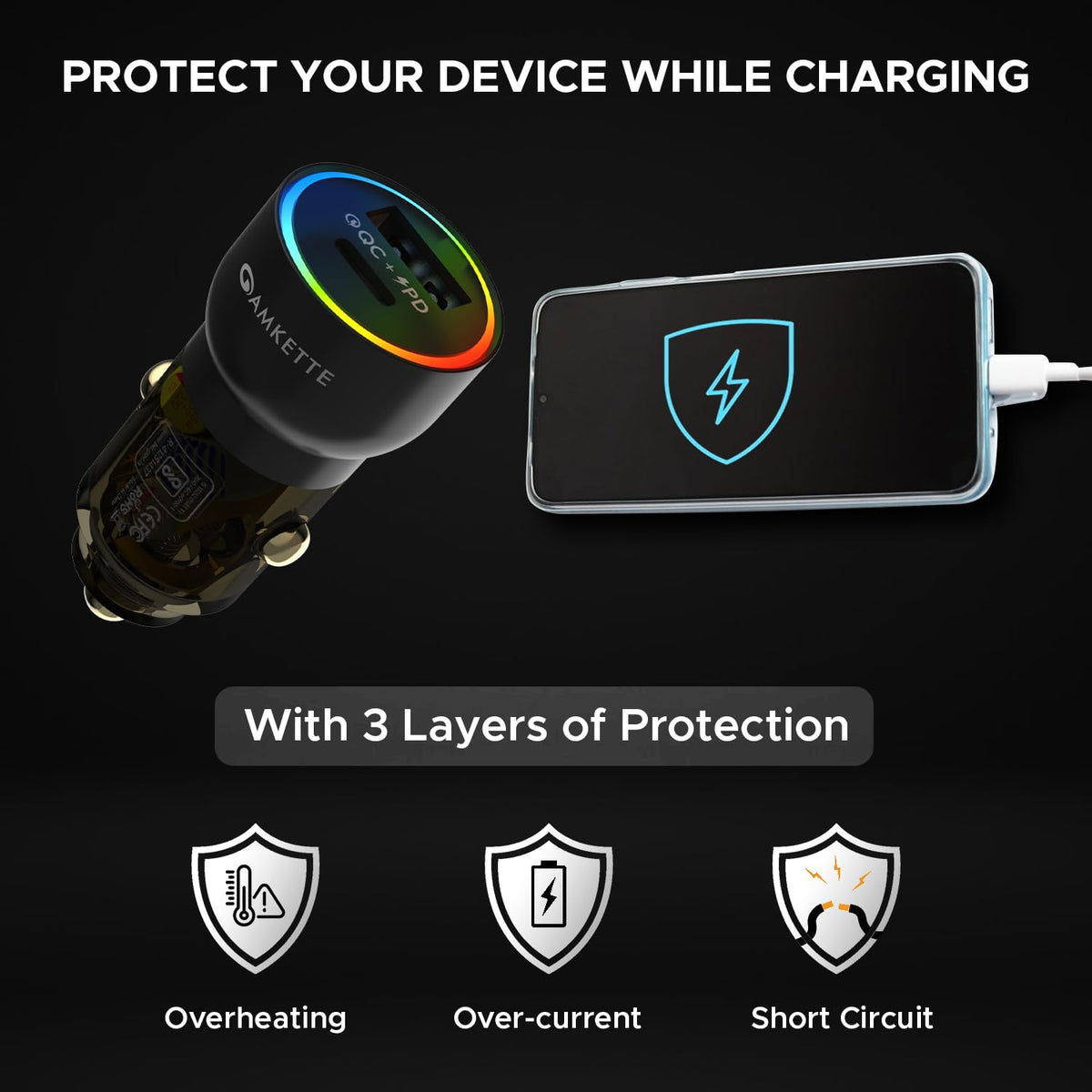 Amkette PowerPro 60W QC + PD Car Charger with Type C Cable
