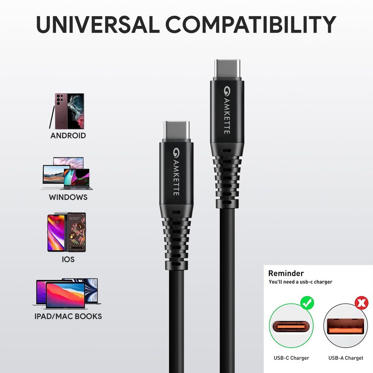 Amkette PowerPro USB-C to USB-C 3A Charge & Sync Cable 1m