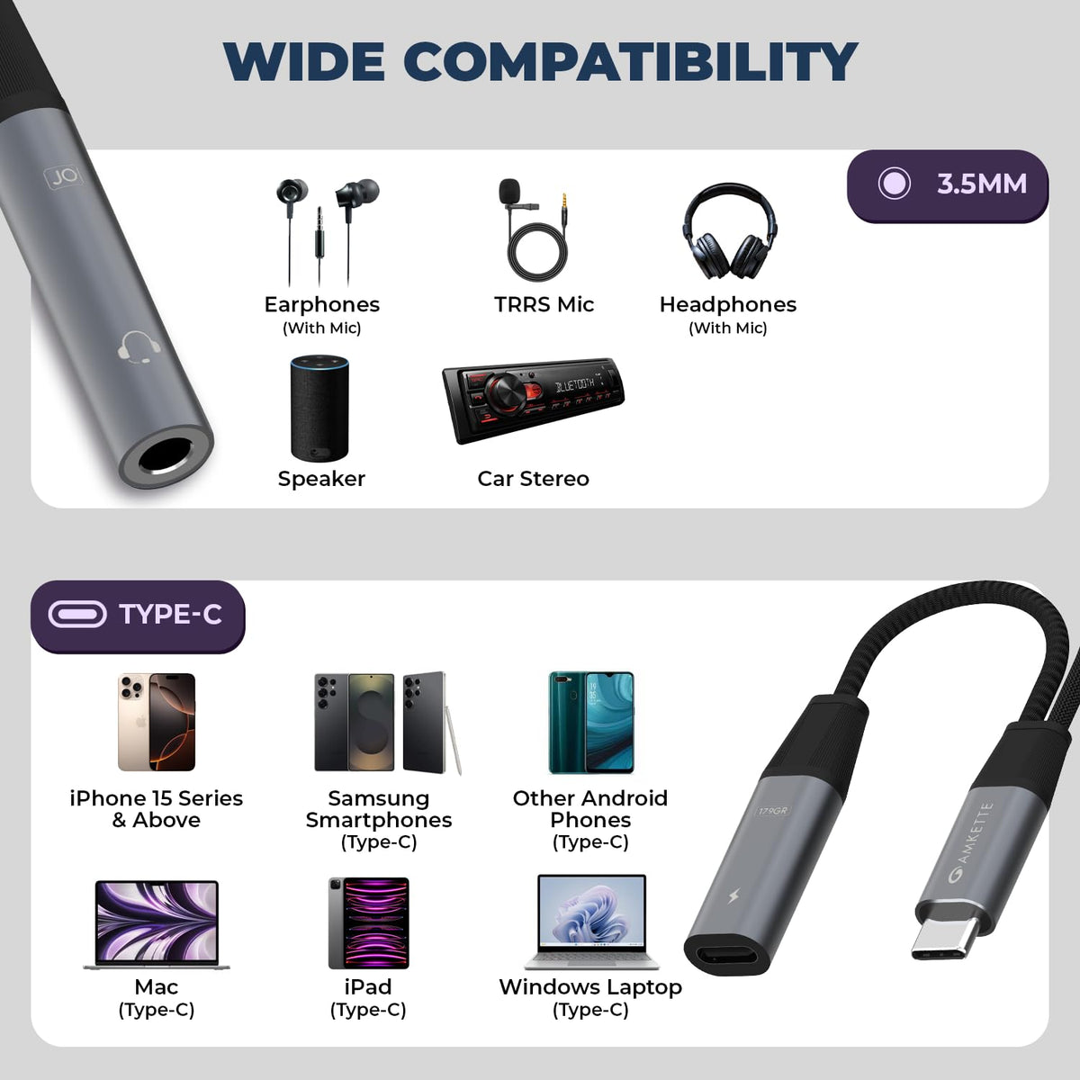 Amkette Adapt USB-C to 3.5mm Audio + 60W Charging Adapter