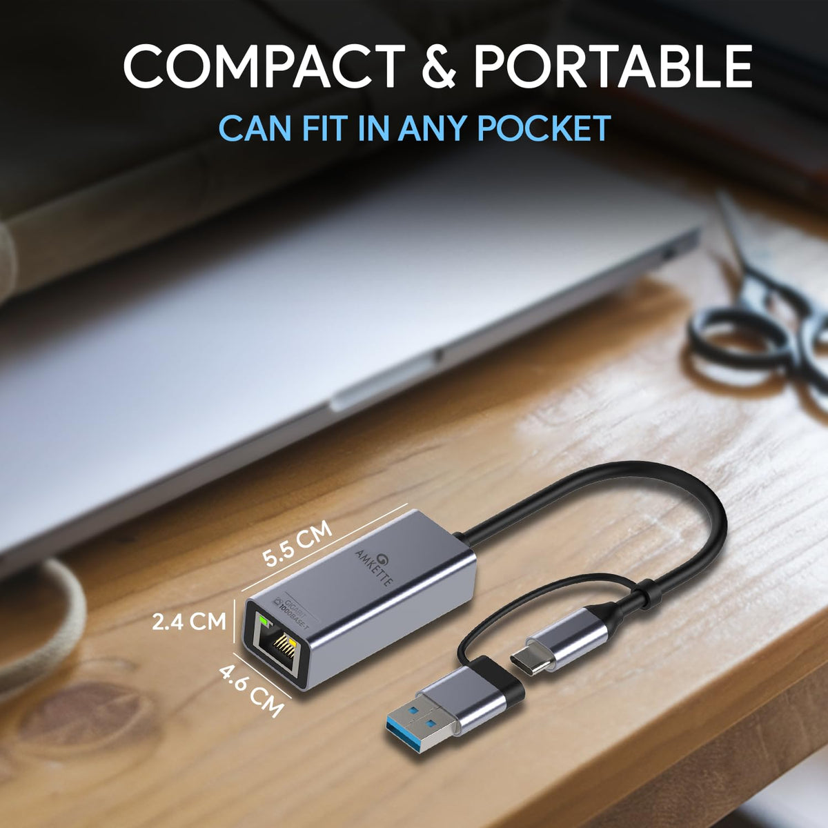 Amkette USB 3.0 + Type-C to RJ45 Gigabit Ethernet Adapter
