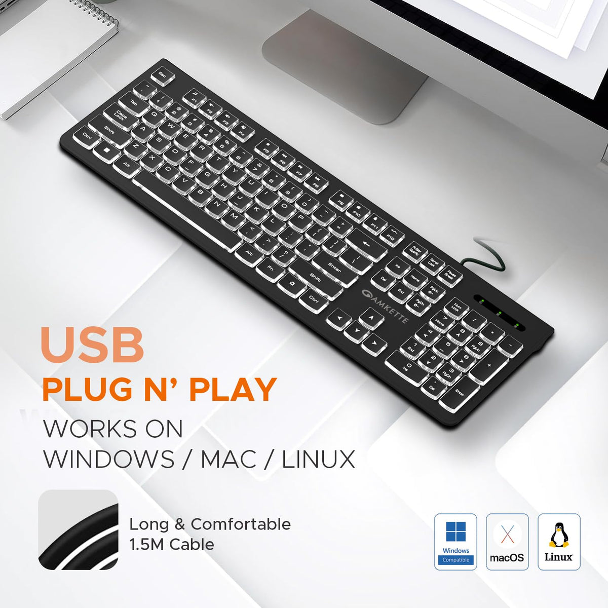 Amkette Wi-Key Backlit Wired USB Keyboard