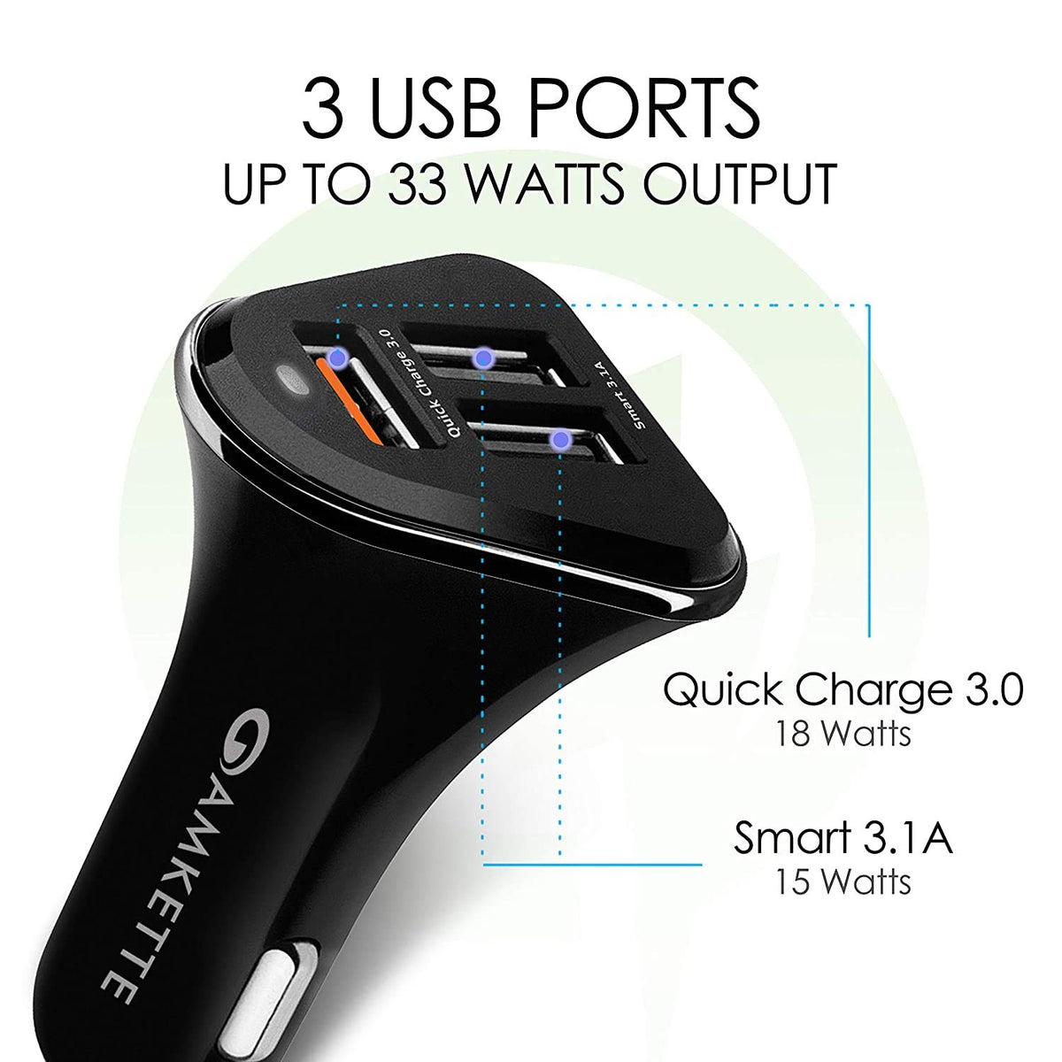 Amkette PowerPro 3 Port QC 3.0 Car Charger (No Cable)