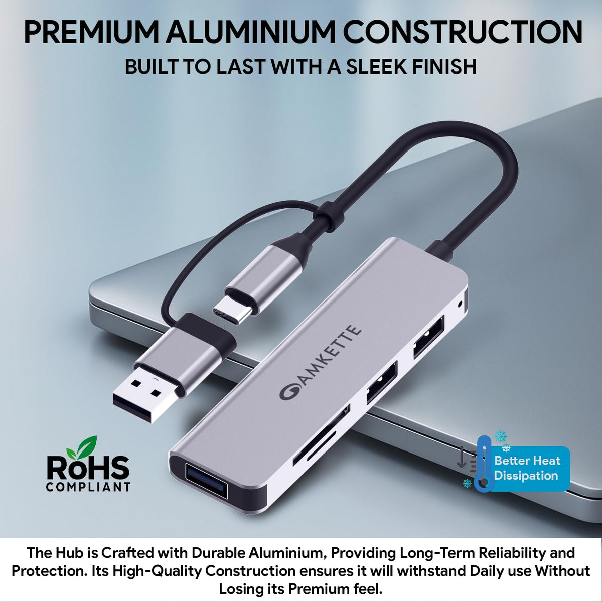 Amkette 5-in-1 USB 3.0 Hub with USB-A+C and Card Reader