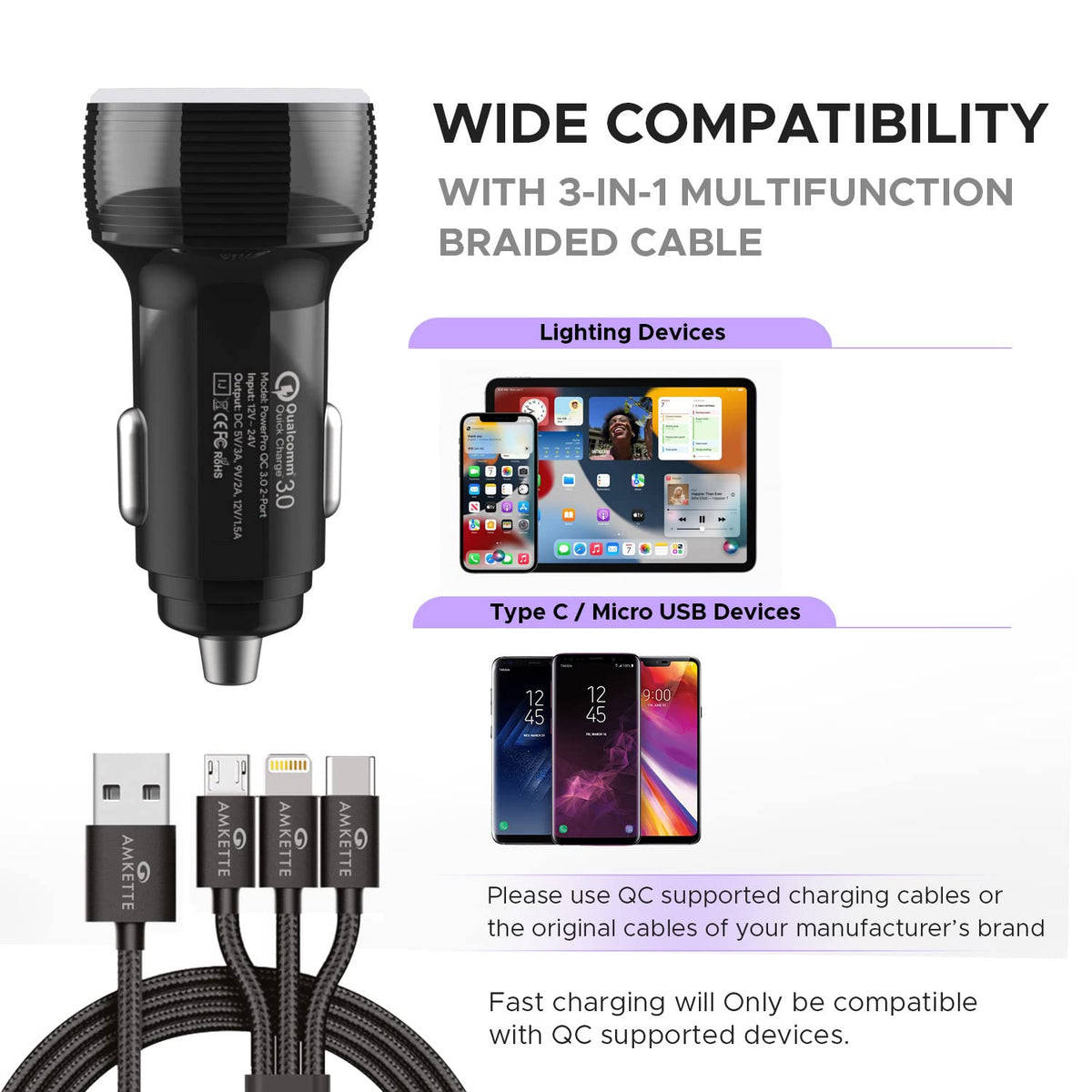 Amkette PowerPro 36W 2-Port QC Car Charger with Cable