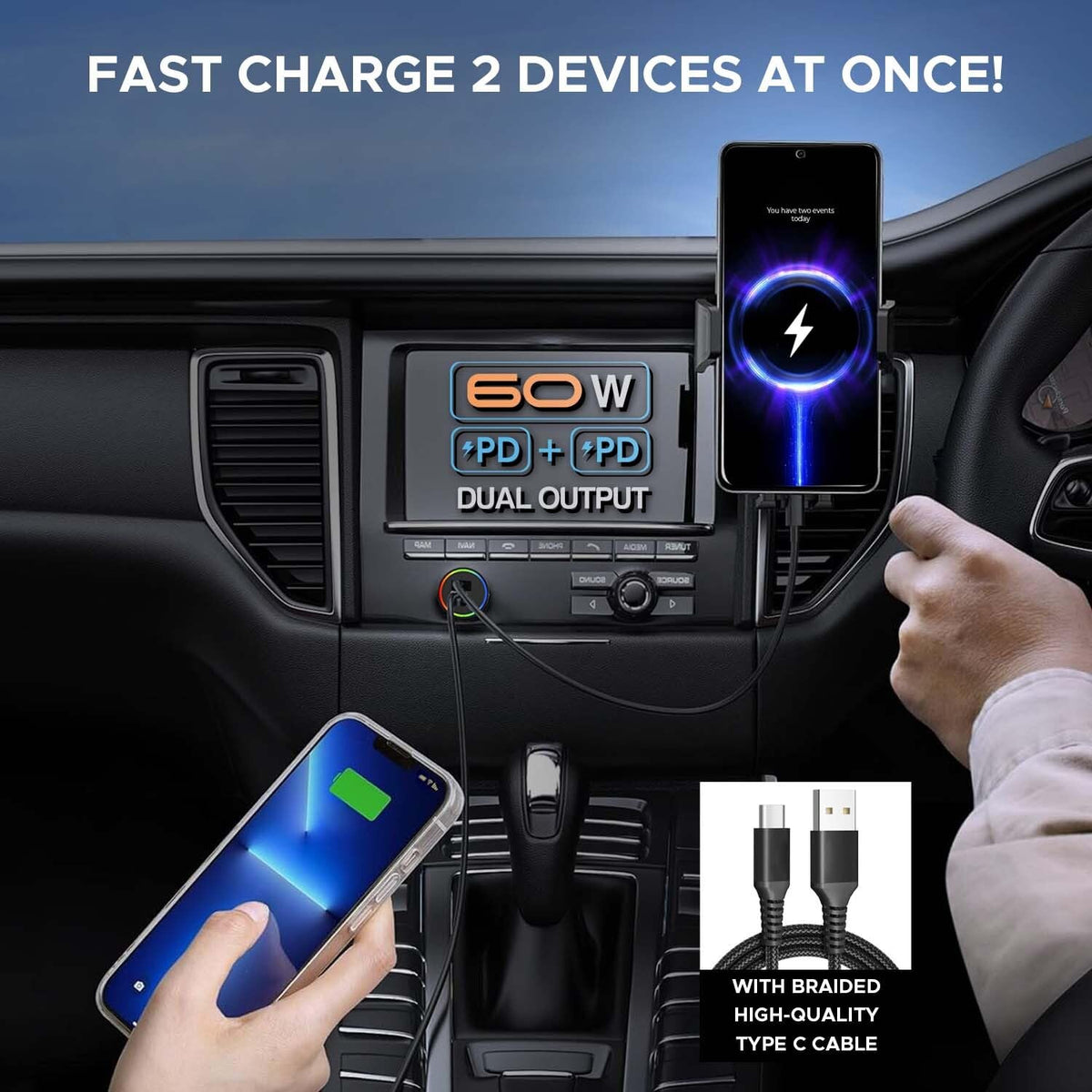 Amkette PowerPro 60W PD+PD Car Charger with Type-C Cable