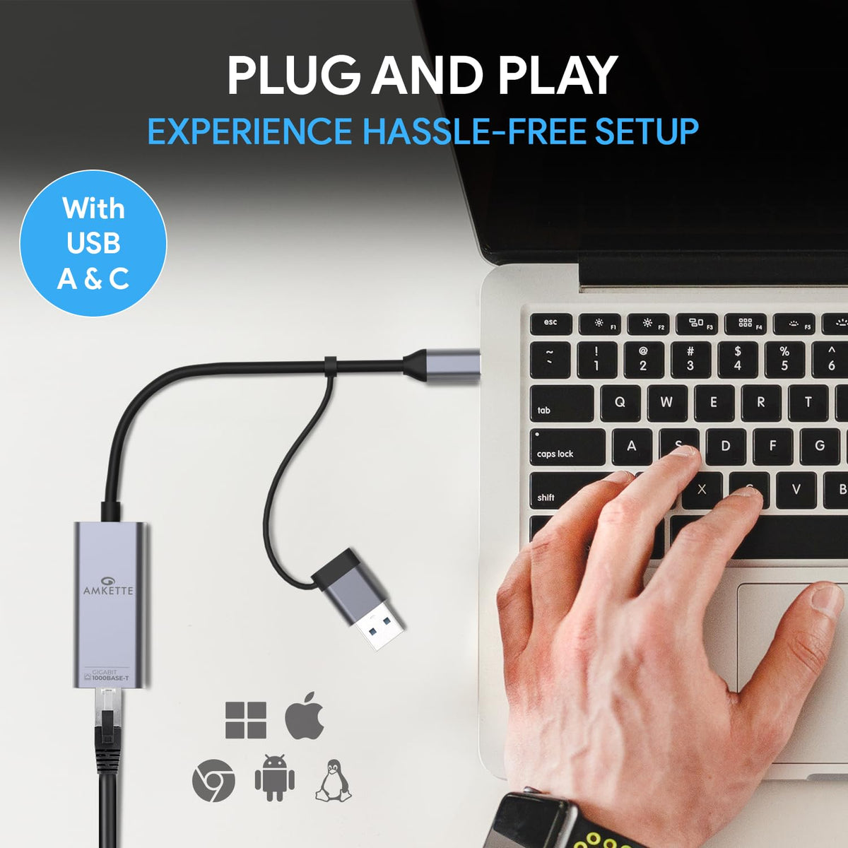 Amkette USB 3.0 + Type-C to RJ45 Gigabit Ethernet Adapter