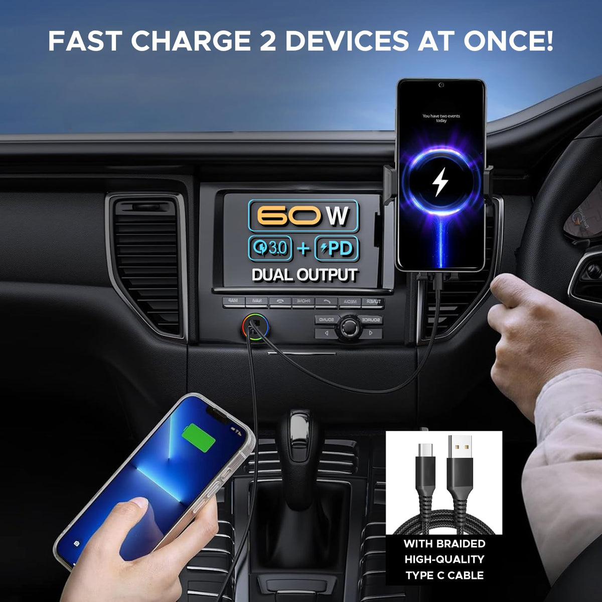 Amkette PowerPro 60W QC + PD Car Charger with Type C Cable