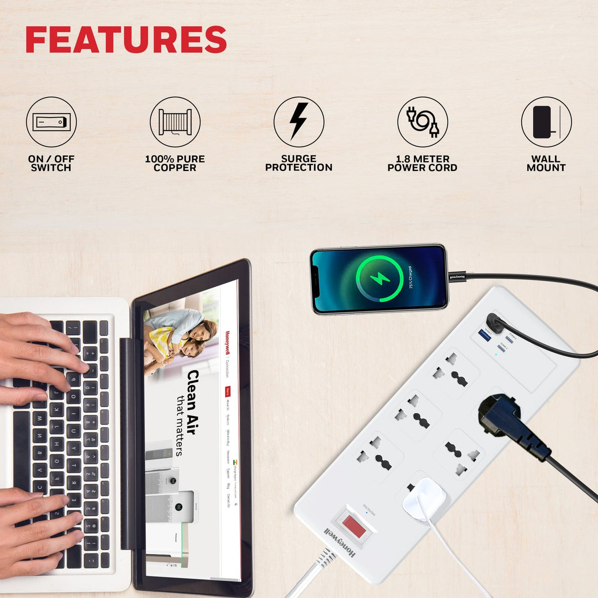 Honeywell Platinum 6-Outlet Surge Protector with 2 Type-C PD 25W & 2 USB