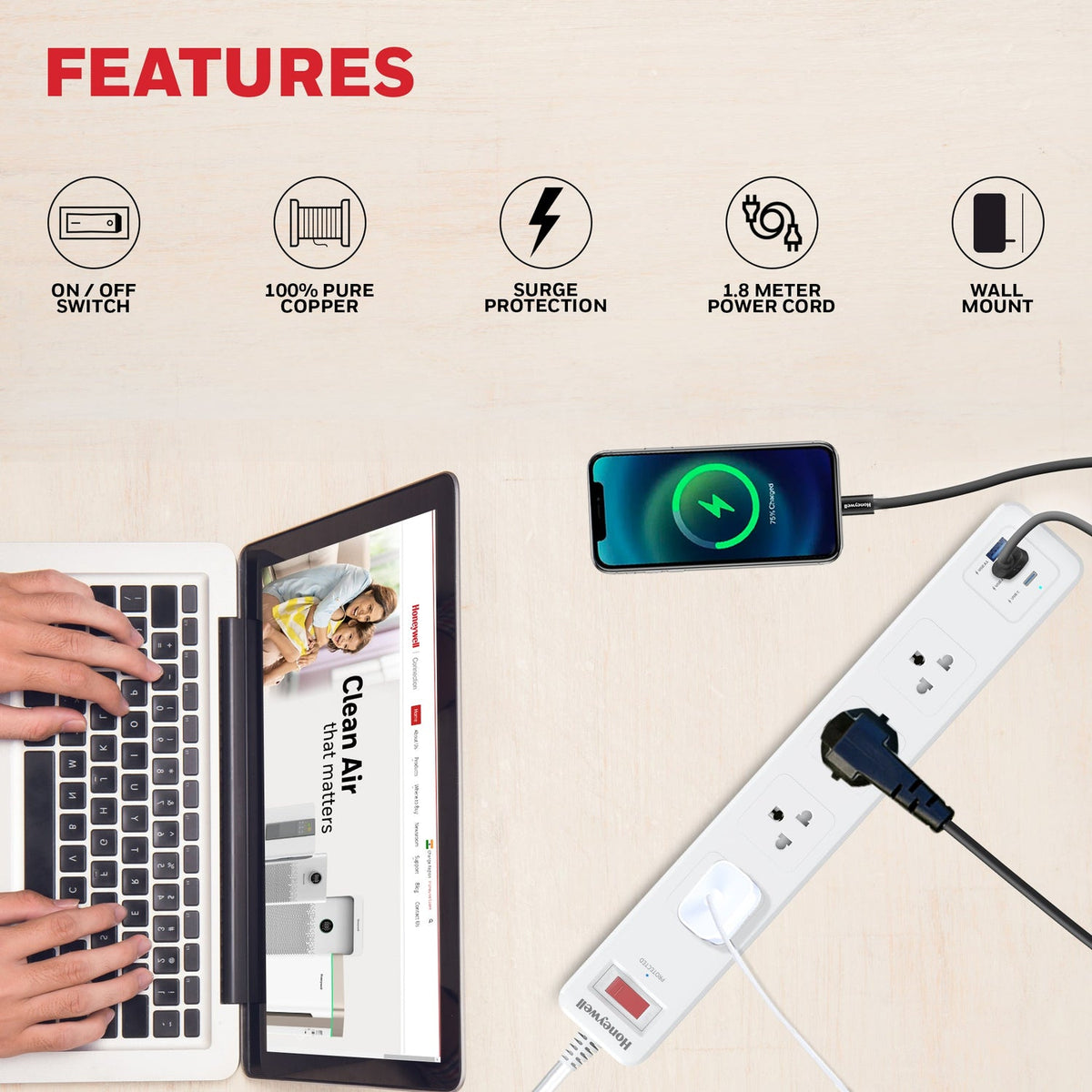 Honeywell Platinum 4-Outlet Surge Protector with Type-C PD 20W & 2 USB